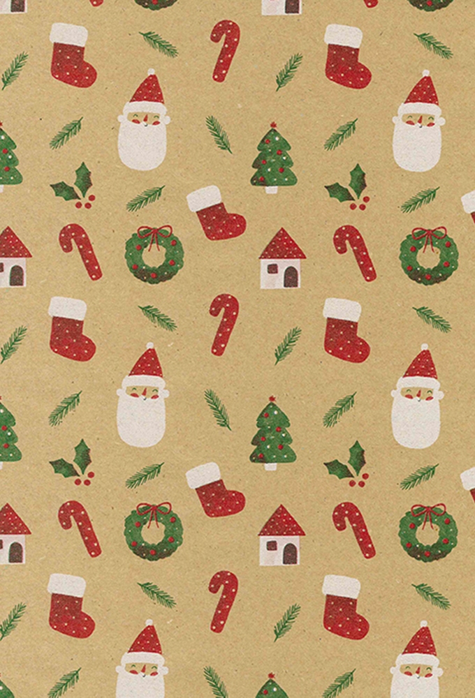 Kerst Kraftpapier Bruin recycled watercolor santa 50cm x 200meter