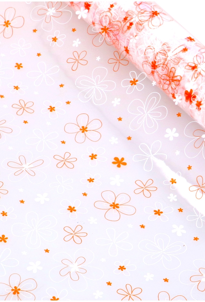 Cadeaufolie Transparant Flowers Oranje & Wit 70cm x 50meter 35my