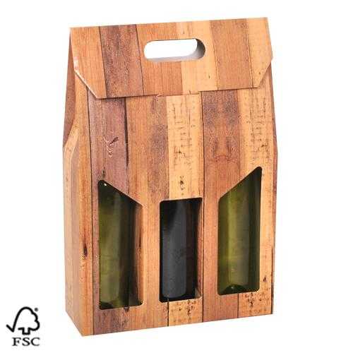 Wijndozen 3 fles Draagdoos Wood 27x9x35cm FSC® 50stuks