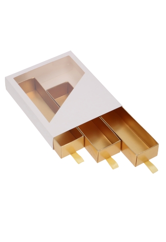 Bonbondoosjes 3 Ladeboxje Wit Mat & Goud Mat Laag 16x12.9x2.8cm 10st