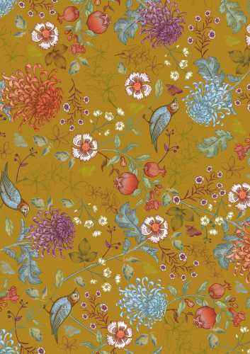 Cadeaupapier Coated birdy blommom ochre 50x70cm 250vellen
