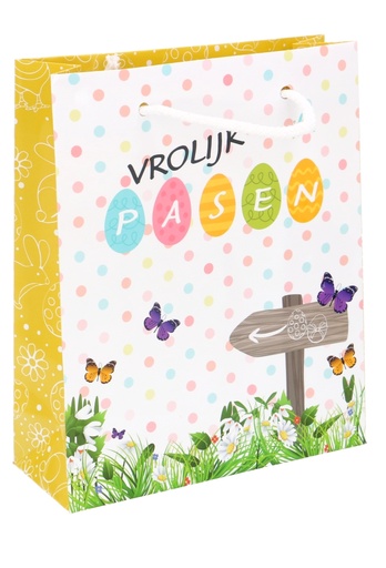 [K1110847] Paastasjes Vrolijk Pasen Geel 19x7x23cm 10stuks