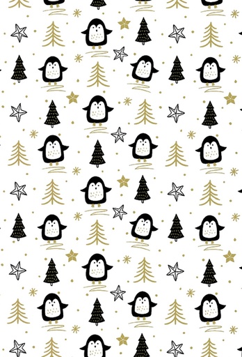 [180135-50] Kerstpapier Coated happy pinguin zwart & goud 50cm x 200meter