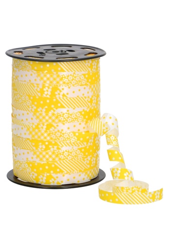 [K1010231] Krullint Flowers Dots Streepjes Geel 10mm x 250 meter