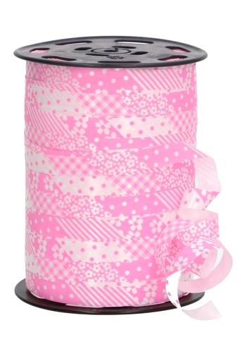 [K1010232] Krullint Flowers Dots Streepjes Roze 10mm x 250 meter