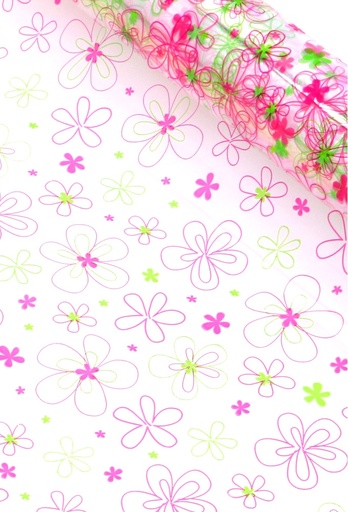 [K1080144] Cadeaufolie Transparant Flowers Groen & Fuchsia 70cm x 50meter 35my
