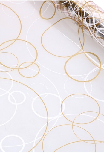 [K1080146] Cadeaufolie Transparant Witte & Gouden Circles 70cm x 50meter 35my