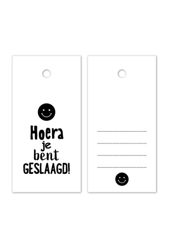 [K1020471] Kadokaartje Hoera Je Bent Geslaagd Wit Zwart 8x4cm 100stuks