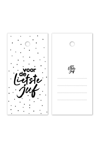 [K1020472] Kadokaartje Voor de Liefste Juf Wit Zwart 8x4cm 100stuks