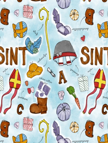 [1202078-70-125] Sintpapier Trendy Sinterklaas On The Move Blauw 70cm x 125m OP IS OP