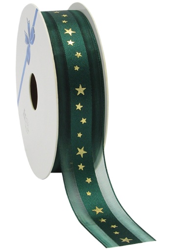 [K1391342] Kadolint Satijn Organza Groen Met Gouden Sterren 25mm x 20meter