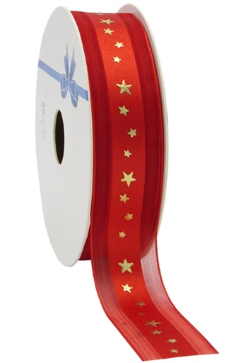 [K1391343] Kadolint Satijn Organza Rood Met Gouden Sterren 25mm x 20meter