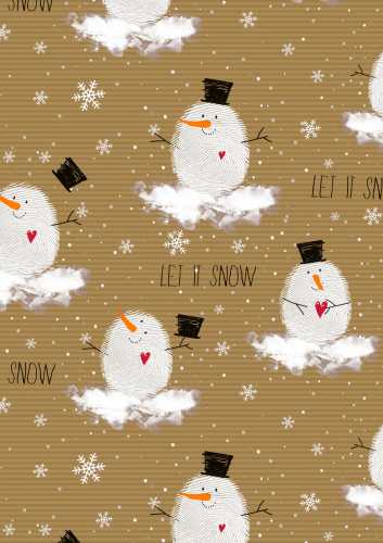 [1050919-70] Kerstpapier Bruin Kraft Cute Snowman 70cm x 250meter