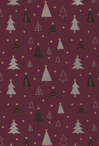 [180137-50] Kerstpapier Coated christmas trees aubergine goud 50cm x 200meter