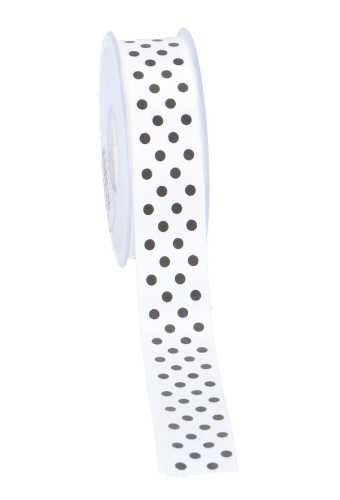 [K1390098] Cadeaulint Satijn Dots Wit Met Zwarte Stippen 25mm x 20 meter