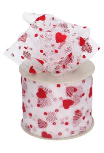 [K1410012] Tule Lint Wit Met Rode Hartjes & Kleine Stipjes 80mm x 25meter