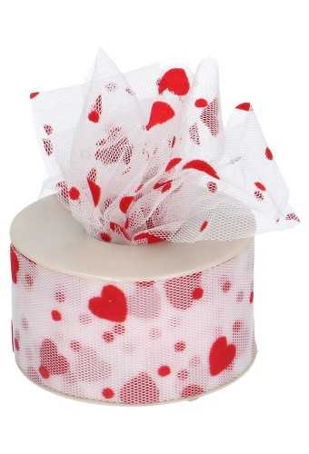 [K1410013] Tule Lint Wit Met Rode Hartjes & Kleine Stipjes 50mm x 25meter