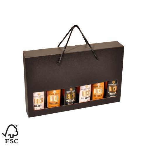 [1180084] Bierverpakking Zwart voor 6 flesjes met Koord 33cl FSC® 50stuks