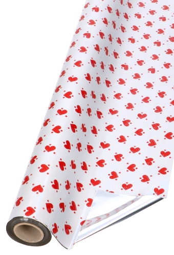 [K1080050] Kadofolie Wit Mat & Rode Hartjes Dubbelzijdig 70cm x 50meter
