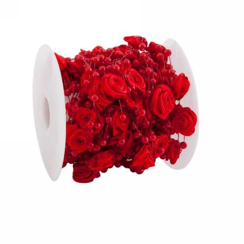 [K1390364] Koord Lint Balletjes & Roosjes Rood 10mm x 10 meter