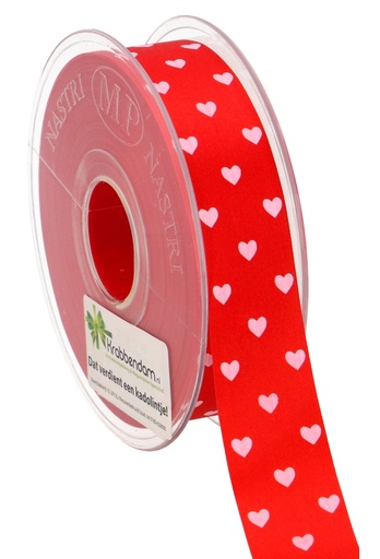 [K1390373] Satijn Enkel Witte Hartjes & Rood Lint 25mm x 45meter