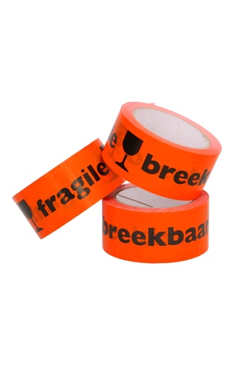 [K1030025] Plakband Tape Breekbaar Oranje Zwart Bedrukt 50mm x 66meter 1stuks
