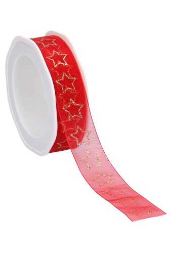 [K1390533] Organza Lint Stars Rood & Goud 25mm x 15meter