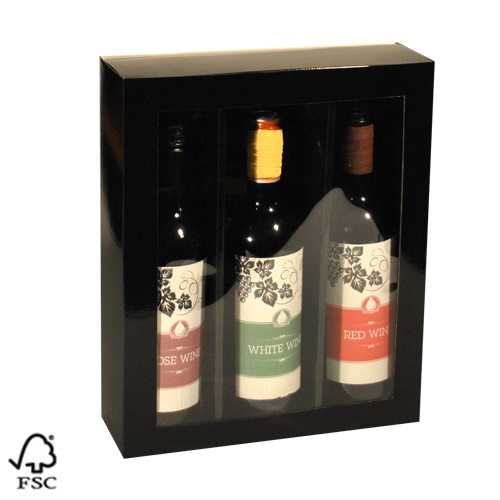 [1170822] Wijndoos 3 fles Schuifdoos Venster Zwart 34x27.7x9cm 25stuks