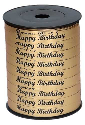 [K1010247] Krullint Mat Metallic Goud Happy Birthday Zwart 10mm x 250meter