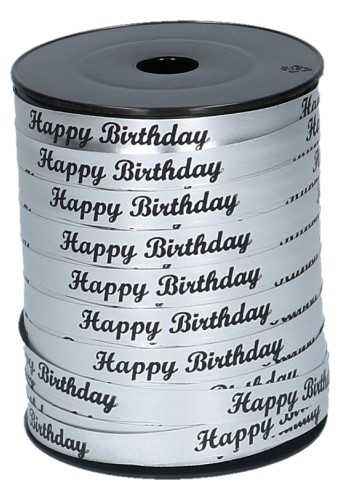 [K1010248] Krullint Mat Metallic Zilver Happy Birthday Zwart 10mm x 250meter