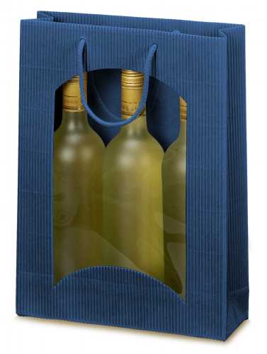 [1170229] Wijntasje Met Venster 3 fles Geribbeld Blauw 25x8.5x36cm 20stuks