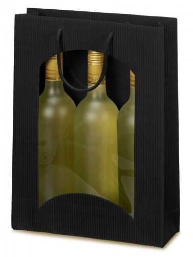 [1170234] Wijntasje Met Venster 3 fles Geribbeld Zwart 25x8.5x36cm 20stuks