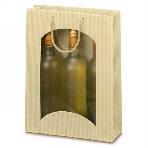 [1170338] Wijntasje Met Venster 3fl Geribbeld Creme 25x8.5x36cm 20stuks