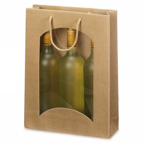 [1170567] Wijntasjes Naturel & Venster 3 Fles Geribbeld 25x8.5x36cm 20stuks
