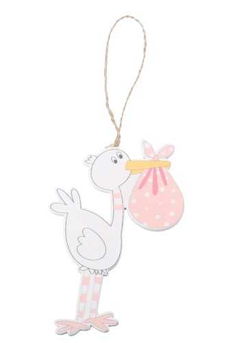 [K1340465] Decoratie Hanger Houten Ooievaar Roze & Koord 11.5cm 1stuks