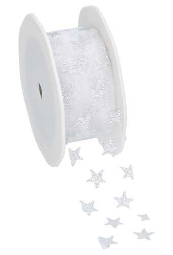 [K1390714] Organza Lint Wit Met Zilveren Sterren Glitter 38mm x 25 meter OP IS OP