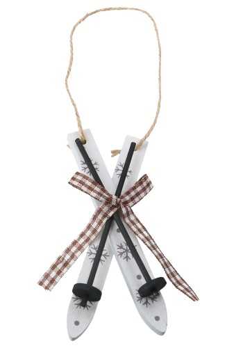 [K1340394] Decoratie Hanger Houten Skisetje Wit & Lint 4x10cm 1stuks