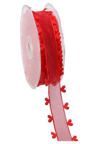 [K1390811] Organzalintje Rood Met Satijn Hartjes 25mm x 15meter