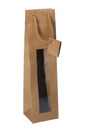[K1170939] Wijnflestas Kraft Mat Met Venster 10x9x38cm 1 fles 20stuks