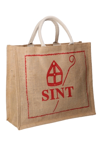 [K1220175] Sinttas Bigshopper Jute Rood Sint Mijter & Staf 38x14x33.5cm 10 stuks