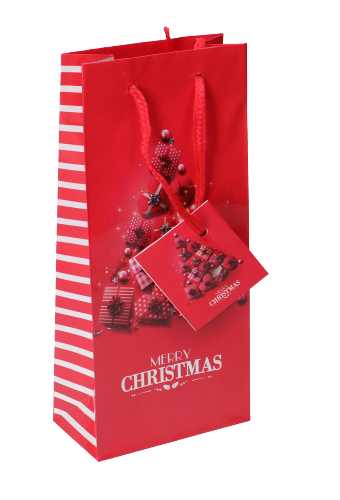 [K1330238] Kersttasjes Flesje Piccolo Rood Merry Christmas 8.5x5.5x22cm 12stuks