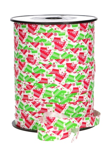 [K1010011] Kerst Krullint Wanten Met Sneeuw Vlok Rood Groen 10mm x 250m  OP IS OP