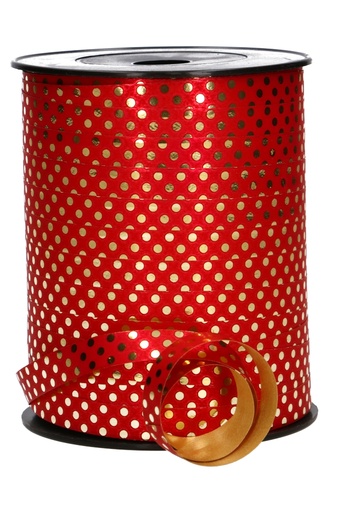 [K1010310] Krullint Metallic Rood Dots Goud 10mm x 250 meter
