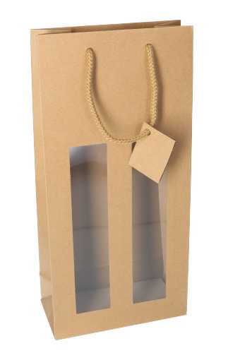 [K1170942] Wijnflestas Kraft 2 fles Met Venster & Koord 18x9x38cm 10stuks