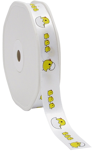 [K1390905] Luxe Satijn Lint Wit Met Gele Kuikentjes 15mm x 25meter