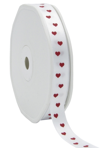 [K1390906] Luxe Satijn Lint Wit Met Rode Hartjes 12mm x25meter