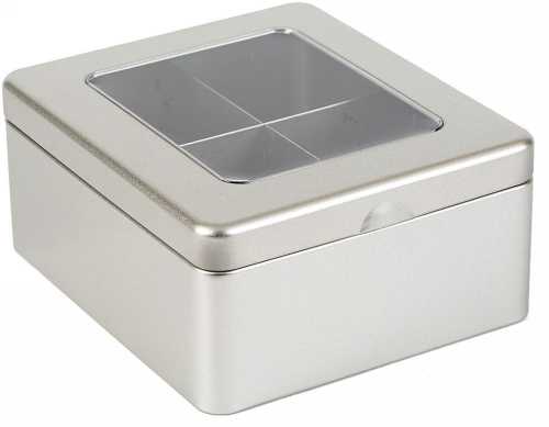 [1150170] Blikken Blanco  Thee met Venster & 4 vakjes 15.5x13.5x7cm 12stuks