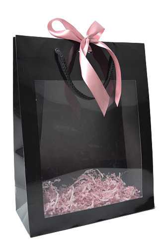 [K1110499] Kadotasjes Trazo Zwart Glanzend Met PVC Venster 28x12x36cm 10stuks