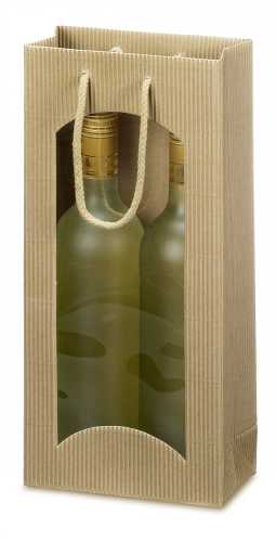 [1170205] Wijntasje Met Venster 2fl Geribbeld Naturel 17x8.5x36cm 20stuks