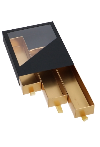 [K1360496] Bonbondoosjes 3 Ladeboxje Zwart Mat & Goud Mat Laag 16x12.9x2.8cm 10st